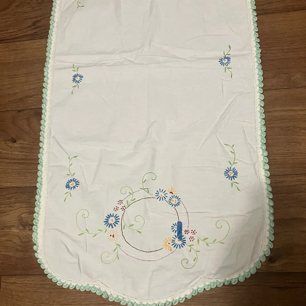 Vintage Handmade Linen Table-runner with Floral Design & Crochet Edge